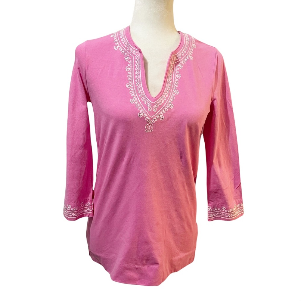 Lily Pulitzer Pink 3/4 Sleeve Embroidered Detail Top